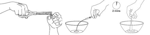 Illustration showing how to cut the vial, draw up the liquid with a syringe, and wait 2 minutes before mixing the contents in a bowl