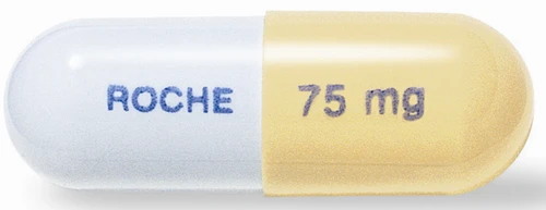 Two-part colored capsule with left half white bearing the word ROCHE in blue and right half yellow with the label 75 mg in gray on a white background