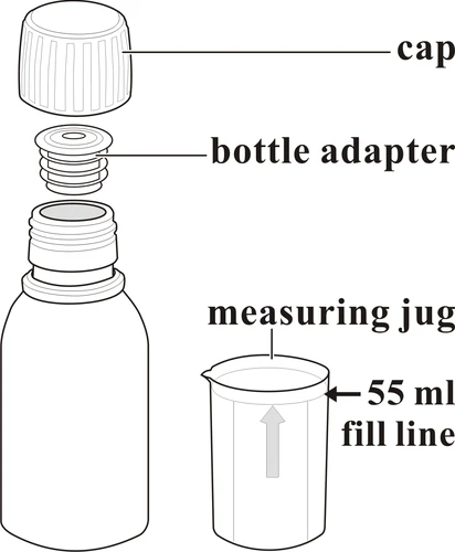 Exploded diagram of a bottle with cap, bottle adapter, and a measuring cup indicating the fill line at 55 ml