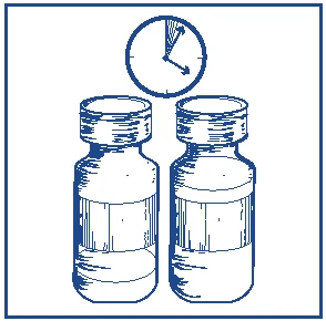 Stylized blue drawing of two medicine vials placed side by side with a clock above indicating the