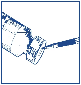 Technical blue drawing of a needle piercing through the rubber stopper of a glass vial for
