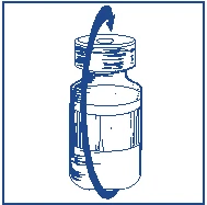 Blue technical drawing of a glass vial with a curved arrow indicating rotational movement of the cap for