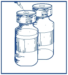 Technical blue drawing of two glass vials with rubber stoppers and a dropper pouring liquid into the foreground vial
