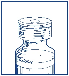 Blue technical drawing of a glass vial with a screw cap and small granules of powder at the bottom of the container