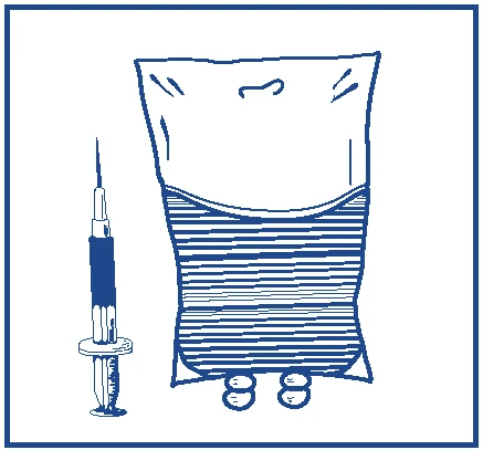 Stylized blue drawing of a syringe with needle next to a human torso silhouette showing abdomen and legs