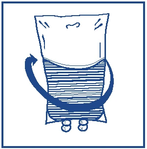 Blue stylized drawing of a medicine package with a curved arrow indicating a rotational movement around the package