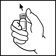A hand firmly holds a small glass vial with a cap while a black arrow indicates movement toward it