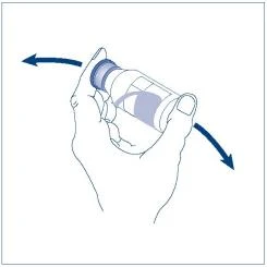 A hand holds a tilted glass vial with two blue arrows indicating a rotational or lateral oscillating movement