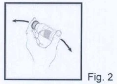 Black and white drawing of a hand holding a bottle with two curved arrows indicating a rotating movement