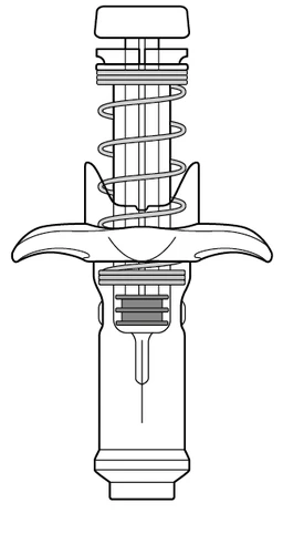 Disegno tecnico in bianco e nero di un dispositivo medico a vite con una molla centrale e una base cilindrica strutturata