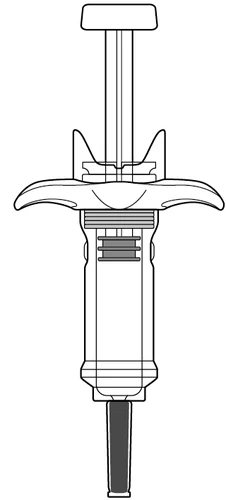 Disegno tecnico in bianco e nero di una siringa precompilata con pistone esteso e corpo cilindrico con base scura