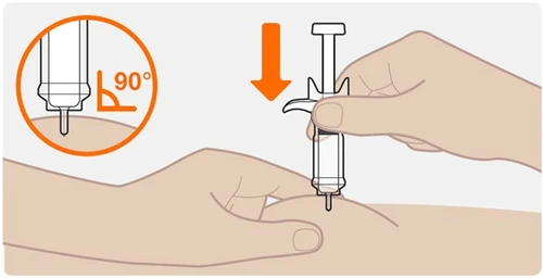 Illustrazione di una mano che preme un dispositivo medico sulla pelle con una freccia arancione verso il basso e un dettaglio dell'ago a 90 gradi