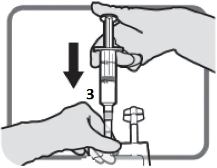 Two hands gripping a syringe with a black arrow pointing downward and the number 3 next to the body of the medical device