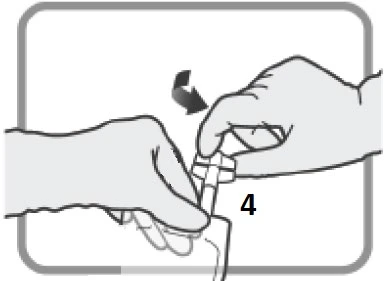 Two hands rotating a part of a medical device with a curved black arrow indicating clockwise rotational movement to the right