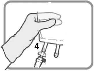 One gloved hand holding a medical device while a tube with a connector and number 4 is attached to the lower part