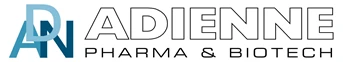 Corporate logo with the word ADIENNE in large outlined letters and the text PHARMA & BIOTECH below, accompanied by a blue and dark blue graphic symbol