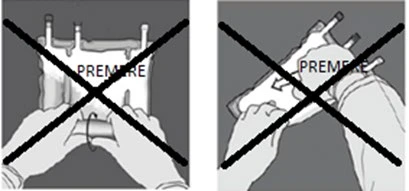 Two illustrations with a large X over them showing hands incorrectly pressing on a drug vial in both vertical and tilted positions