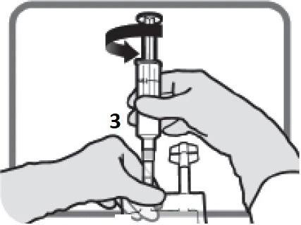 Two hands holding an injection pen while a curved arrow indicates rotational movement of the upper cap for preparation