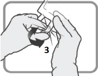 Two hands rotating a medical device clockwise as indicated by a black arrow with the number 3 beside it