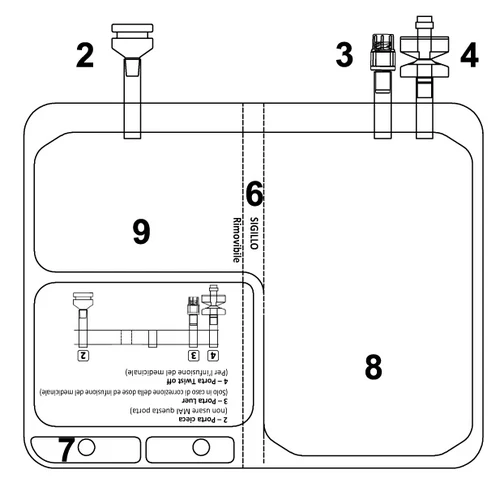 Technical schematic of a medical device with numbered components 2, 3, 4, 6, 7 and 8, and a central dashed line labeled REMOVABLE SEAL