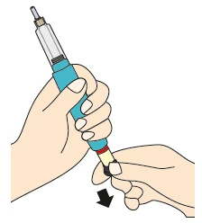 Two hands holding a blue and white injection pen with a black arrow indicating a downward rotational movement of the cap
