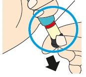 Hands holding an injection pen with a blue circle highlighting the lower part and a black arrow pointing downward