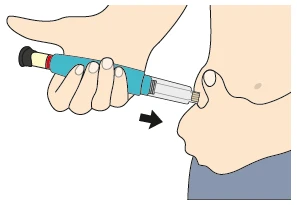 A hand holding a blue injection pen and pushing it against the skin of the