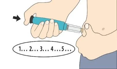 A hand holding a blue and transparent injection pen to administer medication into the