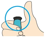 A hand firmly holding a blue cylindrical container with a black cap, highlighted by a blue circle to indicate the correct grip
