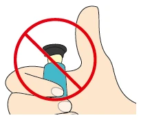 A hand holding a blue vial with a black cap covered by a red prohibition sign with a diagonal bar