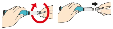 Two hands rotating the upper part of an injection pen followed by a second hand separating it with a rightward movement