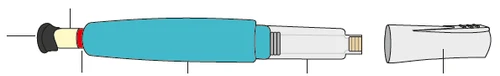 Technical diagram of a medical device composed of a central blue body, a