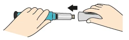 Two hands inserting a gray cap into the terminal end of a blue and white injection pen following the direction of a black arrow