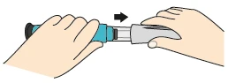 Two hands holding a blue and gray medical device and joining it with a rightward movement indicated by a black arrow