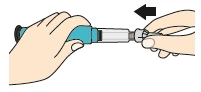 Two hands rotating a part of an injection pen to the left, indicated by a black arrow, to prepare the medical device
