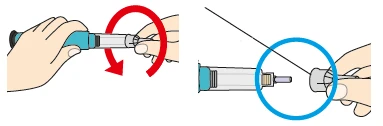 Two illustrations show hands rotating a syringe with a red arrow and a hand inserting a needle into a connector highlighted in blue