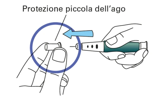 Technical drawing showing two hands separating the protective cap