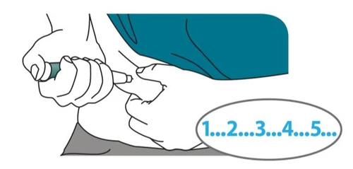 Stylized drawing of two hands gripping a white medical device with fingers positioned for use