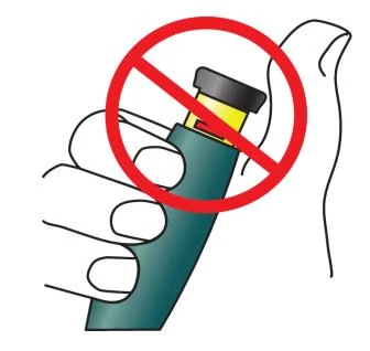 Stylized drawing of a hand holding an inhaler with a red prohibition sign crossed by a diagonal line