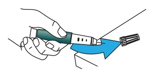 A hand holding an injection pen with a blue arrow indicating the motion of removing the protective cap upward