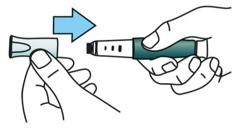 Two hands removing the protective cap from a pen injection device, indicated by a blue arrow pointing to the right