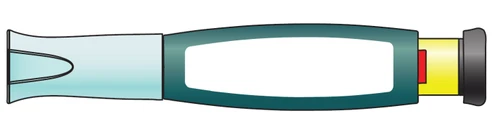 Pen-shaped medical device with a dark central body, blue grip, yellow tip, a small red detail, and black cap