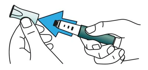 Two hands inserting a cylindrical medical device into a transparent container indicated by a light blue arrow pointing to the left