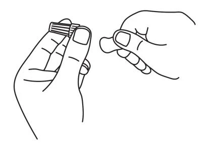 Black line drawing showing two hands carefully separating a small cylindrical object or plastic cap from a container