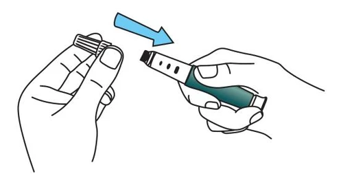 Two hands preparing a pen-shaped medical device, with a blue arrow indicating the motion of attaching the cap to the tip