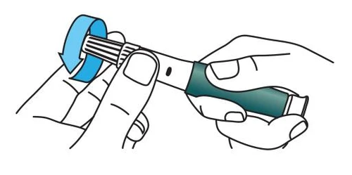 Two hands holding a cylindrical medical device while a blue arrow indicates rotating the grooved upper part