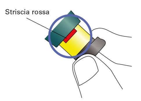 Technical drawing of a hand holding a vial with a red stripe highlighted by a blue circle on a white background