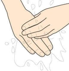 Due mani aperte che si strofinano tra loro sopra una macchia d'acqua stilizzata su sfondo bianco
