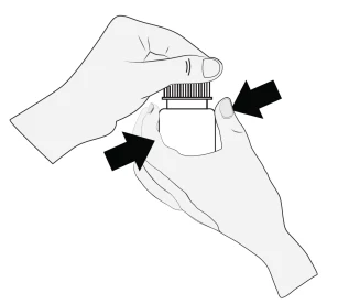 Two hands hold a bottle with black arrows indicating the rotational movement of the cap for opening