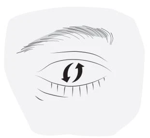 Line drawing of a human eye with two curved black arrows positioned on the pupil indicating clockwise or counterclockwise rotation